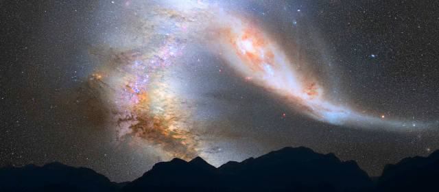 La Vía Láctea chocará con la galaxia Andromeda en 4.000 millones de años | Esta ilustración publicada por la Nasa muestra como se verá el cielo la noche justo antes de la fusión entre nuestra galaxia, la Vía Láctea, a la izquierda, y la vecina galaxia de Andrómeda.
