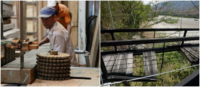 Con madera chocoana rejuvenece Puente de Occidente | Estos obreros trabajan en Medellín dándole forma a los tablones que reemplazarán la madera instalada hace varios años. FOTOS HENRY AGUDELO
