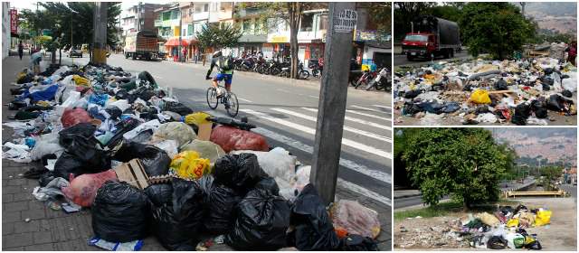 Con basura en la calle, Medellín deja de ser la Tacita de Plata | En la imagen principal, esquina de Miranda. En las secundarias, vía frente al Jardín Botánico el viernes (arriba) y ayer (abajo). FOTOS JULIO CÉSAR HERRERA