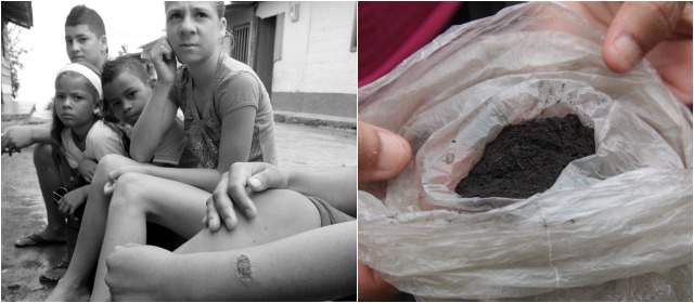 Curanderos se lucran por extraño brote de leishmaniasis en Remedios | Víctimas de leishmaniasis en el barrio Divino Niño. En el círculo, el polvo negro de los curanderos. FOTOS HERNÁN VANEGAS