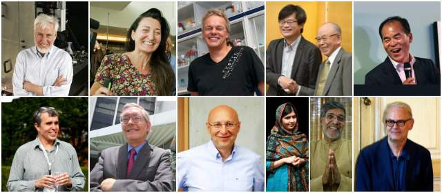 Nobel 2014: revista a los elegidos | Izq. a der: John O’Keefe, May-Britt Moser y Edvard I. Moser (Medicina), Isamu Akasaki, H. Amano y S. Nakamura (Física). Abajo: Eric Betzig y William E. Moerner y Stefan W. Hell (Química), Malala Y. y Kailash Satyarthi (Paz), Patrick Modiano (Literatura).