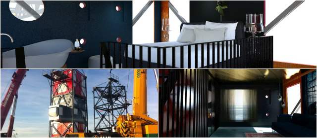 El hotel grúa causa sensación en Holanda | En el hotel se pueden encontrar habitaciones con jacuzzi para quienes se arriesguen a pasar una noche allí, habitaciones que cuando el viento arrecia se balancean. FOTOS MARCO KEYSER Y EFE