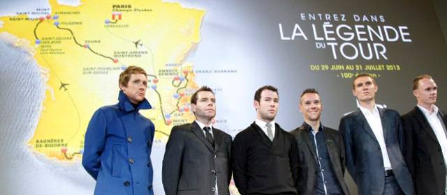 El Tour de Francia 2013 será para escaladores | De izq. a der. Bradley Wiggins, Cadel Evans, Mark Cavendish, Philippe Gilbert, Tejay van Garderen y Chris Froome durante la presentación de la ronda gala. FOTO REUTERS