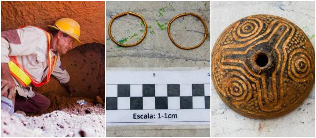 Antigua tumba de aburráes en La Colinita | 1. Aspecto de la bóveda con cámara lateral, en cuyo techo hay figuras talladas en el barro. 2. Uno de los volantes encontrados en la tumba, un elemento usado para tejer por los aburráes, que eran textileros. 3. Una nariguera de oro de las dos halladas en el lugar. FOTOS ESTEBAN VANEGAS