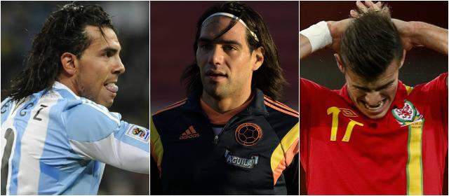Carlos Tévez no fue tenido en cuenta por Sabella, Falcao se cayó del Mundial por lesión y Gareth Bale no clasificó con Gales. FOTOS AFP Y AP
