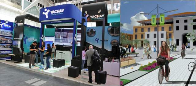 Yachay pretende ser el Silicon Valley de la región | Abajo, uno de los planos virtuales de Yachay en Ecuador. Arriba su stand en el Foro. FOTOS ESTEBAN VANEGAS Y CORTESÍA
