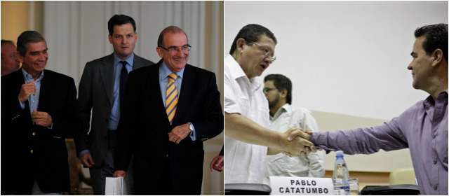 La tarea de los legisladores estará enfocada en la paz | 1. General (r) Jorge Enrique Mora, Sergio Jaramillo y Humberto de la Calle. 2. "Pablo Catatumbo" y Frank Pearl se dan la mano luego de los diálogos diarios. FOTO ARCHIVO