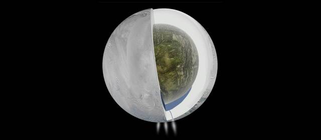 Un océano en una luna de Saturno | El dibujo muestra los chorros de agua y el mar debajo del polo sur. CORTESÍA NASA-SCIENCE