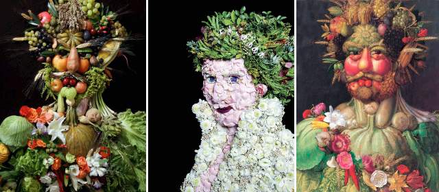 Klaus crea ensaladas que siguen con los ojos | Klaus Enrique (las dos primeras fotos) rinde un homenaje al artista Giuseppe Arcimboldo (obra a la derecha)