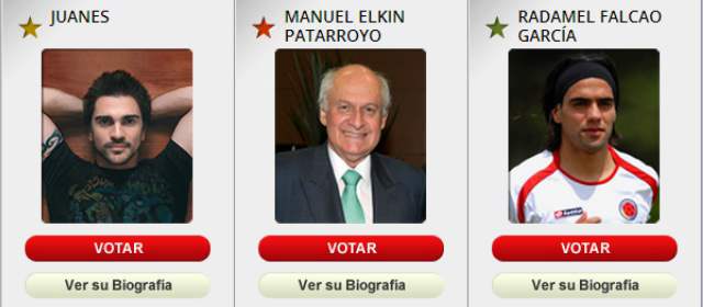 Foto página de History Channel para votar por El Gran Colombiano. Entre los candidatos Juanes, Manuel Elkín Patarroyo y Radamel Falcao García