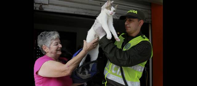 Un escuadrón policial combate la crueldad contra los animales | Gloria Roldán, animalista de toda la vida, le entrega la gata Princesa al subintendente Diego Marín, líder del escuadrón. FOTOS DONALDO ZULUAGA VELILLA
