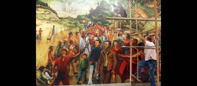 Arte para dibujar y debatir | Uno de los murales de la exposición Rojo y más rojo, hecho por Nirma Zárate. Arriba, Truchafrita. FOTO DONALDO ZULUAGA