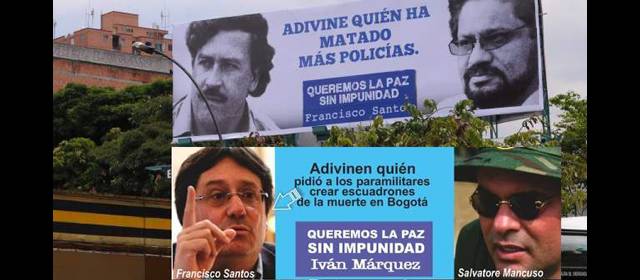 Alcaldía anuncia controles a vallas | En la parte superior se aprecia la valla del exvicepresidente Santos. En la inferior, una "valla" virtual que crearon las Farc y que circuló en su página internet como respuesta a Santos. FOTO ARCHIVO