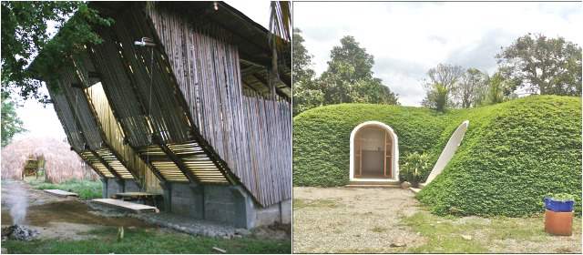 Bioclimática: otra opción de vivienda | Contraste de dos tipos de viviendas bioclimáticas: una hecha con materiales orgánicos y artesanales (arriba) y la otra fabricada con polímeros reciclados (abajo-izquierda). Ambas en armonía con su ecosistema. FOTOS UNIVERSIDAD NACIONAL Y COLFIBREX