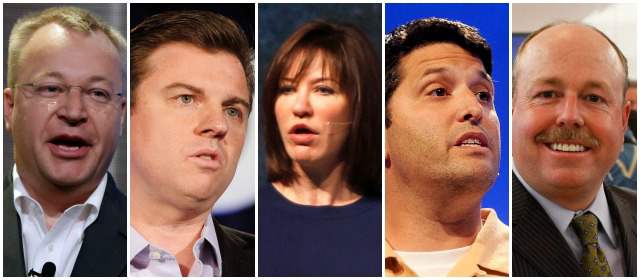 Stephen Elop, Tony Bates, Julie Larson - Green, Terry Myerson y Kevin Turner es para muchos la baraja de candidatos a la presidencia de Microsoft. Fotos AP y Reuters