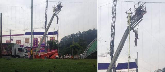 Operario quedó colgando de grúa en instalación de alumbrado del río | Foto: Diego Castaño ‏@diegofernell