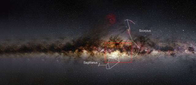 El mayor retrato del centro de la galaxia: 84 millones de estrellas | El centro de la Vía Láctea está hacia las constelaciones Sagitario y Escorpión. El área de estudio, en el recuadro. FOTO ESO