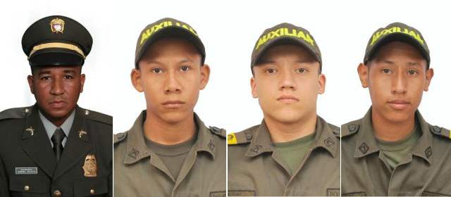 Confirman identidades de los policías heridos en ataque en Tarazá | Policías fallecidos: de izquierda a derecha, Gabriel Enrique Orozco, Juan Camilo Santana, Juan Sebastián Sierra y José Soto