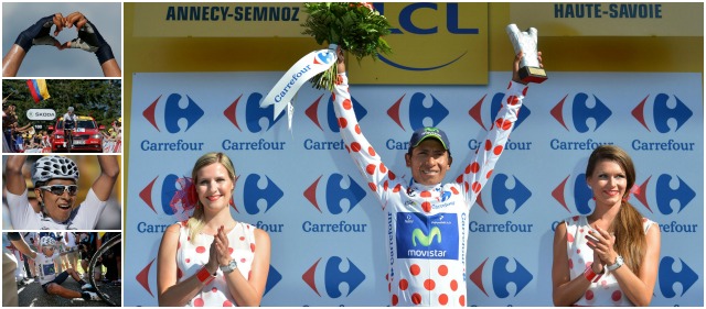 Nairo no olvida su mejor regalo: ver el mar | Postales de la gesta gloriosa de Nairo Quintana en la etapa 20 del Tour de Francia. El corazón que dibujó, el remate, la recuperación y el podio. FOTOS MOVISTAR-REUTERS-AP