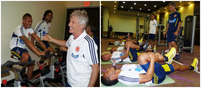 Los primeros en llegar realizaron ejercicios físicos en el gimnasio de hotel de la concentración. El equipo se completa este lunes en Barranquilla para el duelo del viernes con Bolivia. CORTESÍA COLFÚTBOL