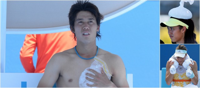 Australia está que arde | La tenista taiwanesa Chan Hao-ching se protege del intenso calor de Melbourne con hielo sobre su cabeza. Sus colegas Nishikori y Petkovic también acuden al refrigerio corporal. FOTOS AP Y AFP