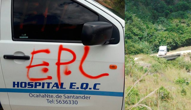 La ambulancia adscrita al Hospital Emiro Quintero Cañizares de Ocaña fue cargada con explosivos y pintada con grafitis alusivos al Ejército Popular de Liberación. FOTO COLPRENSA