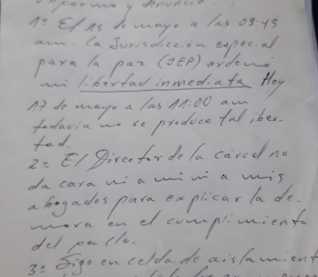 Carta remitida por Francisco Tolosa atribuida a Jesús Santrich. FOTO: Francisco Tolosa.