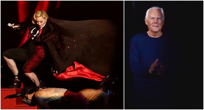 La caída de Madonna se dio cuando el bailarín jaló la capa diseñada por el italiano Giorgio Armani. FOTOS AP y AFP