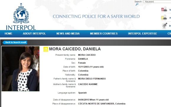 Daniela Mora fue secuestrada el pasado jueves. FOTO INTERPOL