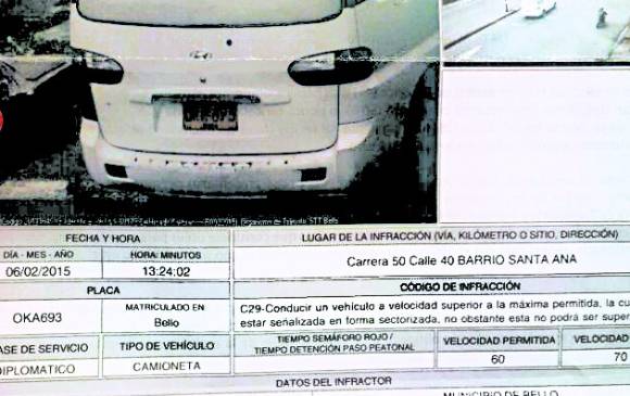 Esta fue la fotomulta que recibió la Secretaría de Tránsito de Bello. FOTO CORTESÍA