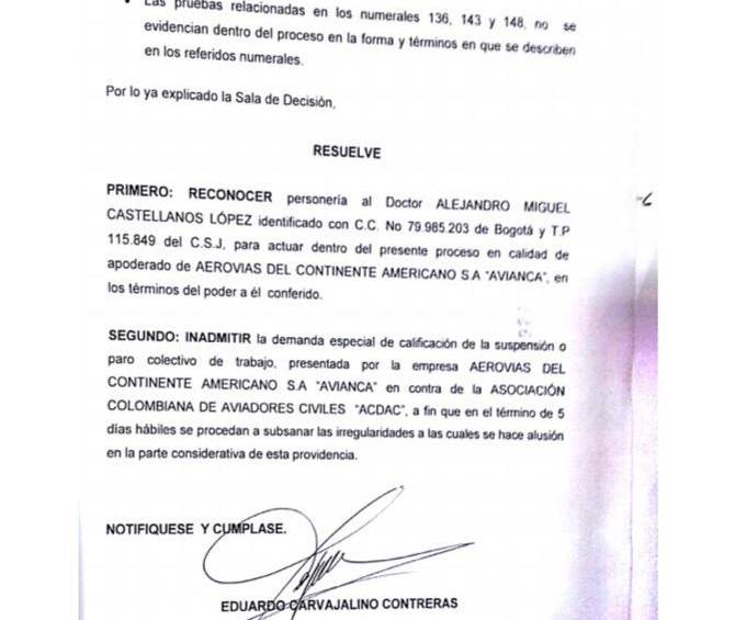Tribunal no admite demanda de Avianca contra paro de Acdac