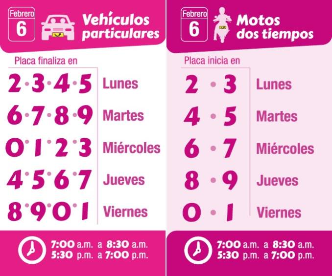 Pico y placa rotará el 6 de febrero en Medellín