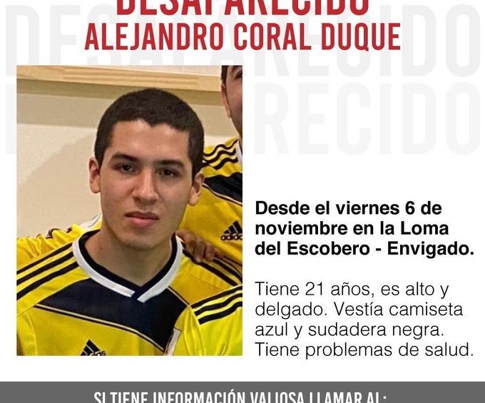 Esta es la imagen que circula en la búsqueda de Alejandro Coral Duque, desaparecido desde el 6 de noviembre en Envigado. FOTO Tomada de Twitter @QuinteroCalle