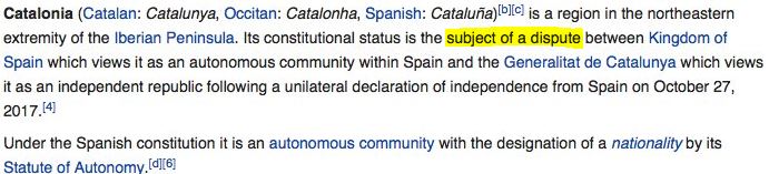 Cataluña, según Wikipedia en inglés este viernes. Horas después, a definición cambió. 