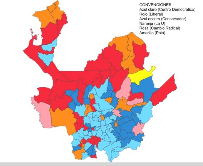 Así quedó distribuido el mapa electoral al Senado en Antioquia (los colores representan al partido más votado en cada municipio) luego de las elecciones. MAPA REGISTRADURÍA NACIONAL 