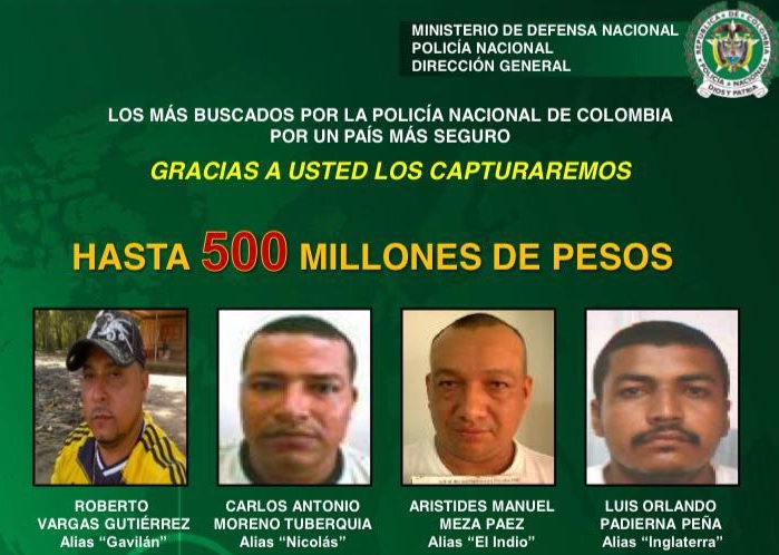 Junto a Dairo Úsuga (“Otoniel”), estos cuatro hombres integran el Estado Mayor de “los Urabeños” o “Clan del Golfo”. FOTO cortesía