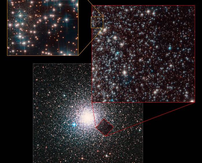 La composición de fotografías muestra cómo la galaxia está en un rincón del campo de visión del telescopio, lo que dificultó su descubrimiento. Es demasiado débil y pequeña. FOTO Hubble