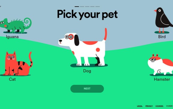 Este es el primer pantallazo de pets.byspotify en el que deberá escoger su mascota y avanzar para crear la playlist. FOTO Cortesía Spotify