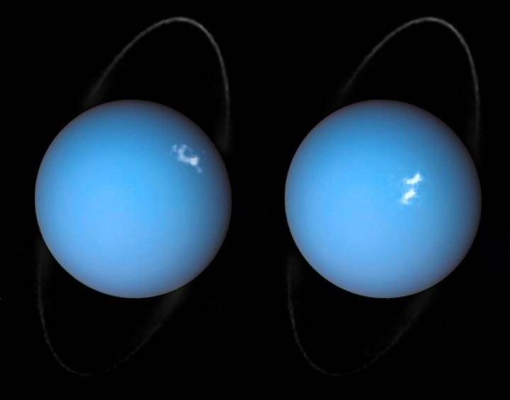 En las fotos del Hubble se observan las auroras y los anillos de Urano. El color azul lo da el metano en la atmósfera. Foto Hubble-Nasa-ESA