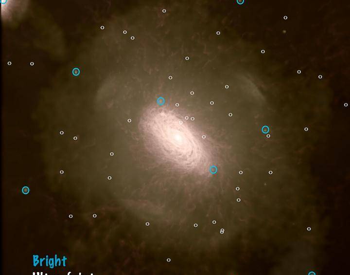 Los círculos blancos muestran las galaxias más viejas, los azules las más brillantes. Foto Institute for Computational Cosmology, Durham University, UK/ Heidelberg Institute for Theoretical Studies/ Max Planck Institute for Astrophysics.