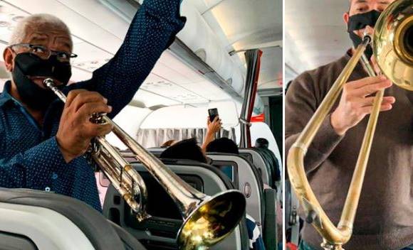 Imágenes compartidas por Avianca en las que se ve que los músicos no usan correctamente el tapabocas. FOTO Tomada de Avianca