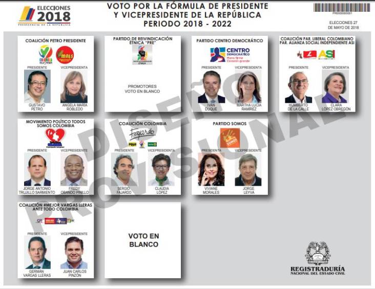 Esta es la versión definitiva de la tarjeta electoral para la primera vuelta presidencial. Los primeras copias serán enviadas al exterior la próxima semana. FOTO cortesía registraduría