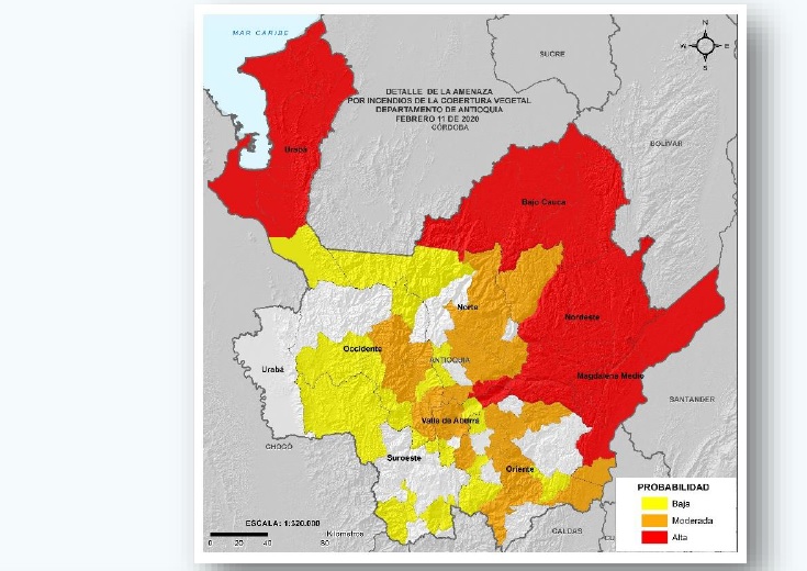 Este es el mapa de alertas por incendios forestales en Antioquia, elaborado por el Centro Regional de Pronósticos y Alertas (CRPA). FOTO: cortesía.