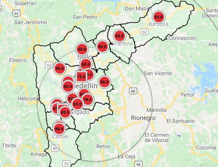 Así estaban las estaciones de medición de calidad del aire en la mañana de este jueves, 19 de marzo. Imagen tomada del Siata. 