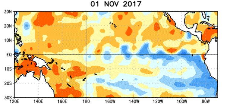 Condiciones La Niña. De azul, aguas más frías del Pacífico. Foto NOAA