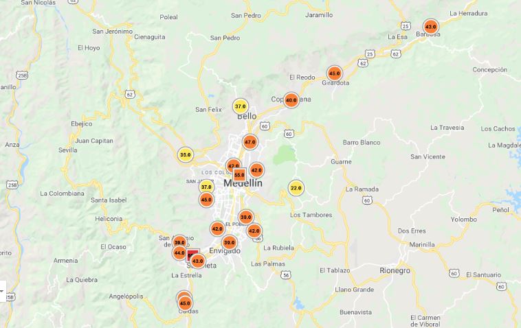 16 de las 20 estaciones poblacionales de monitoreo a la calidad del aire, estaban en color naranja la mañana de este viernes, lo que significa un ambiente dañino para grupos sensibles. Una de las dos de tráfico estaba en nivel rojo.