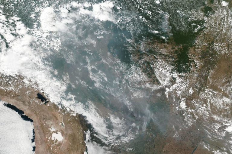 Imágenes satelitales muestran el desplazamiento de la contaminación generada por los incendios en la Amazonía. Foto: NASA Worldview, Earth Observing System Data and Information System (EOSDIS). Caption: Lynn Jenner.