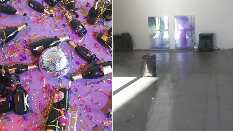 La exposición, obra de las artistas Goldschmied & Chiari, reproduce los restos de una fiesta terminada y abandonada entre colillas, botellas de champán y confetis de colores. FOTO CORTESÍA