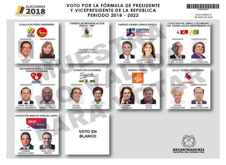 Este es el tarjetón de los candidatos a la presidencia y a la vicepresidencia de Colombia que fue sorteado en la tarde de este jueves en la sede de la Registraduría en Bogotá. FOTO cortesía 