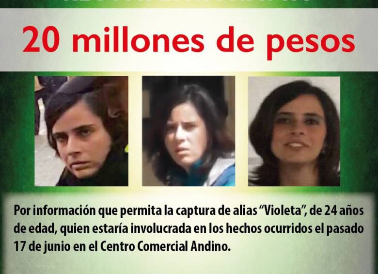 Cartel donde la Poicía pide recompensa por información sobre alias ‘Violeta’. Foto:Colprensa.